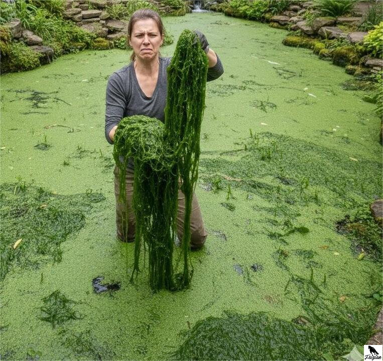 Vláknité riasy a zelená voda v záhradnom jazierku